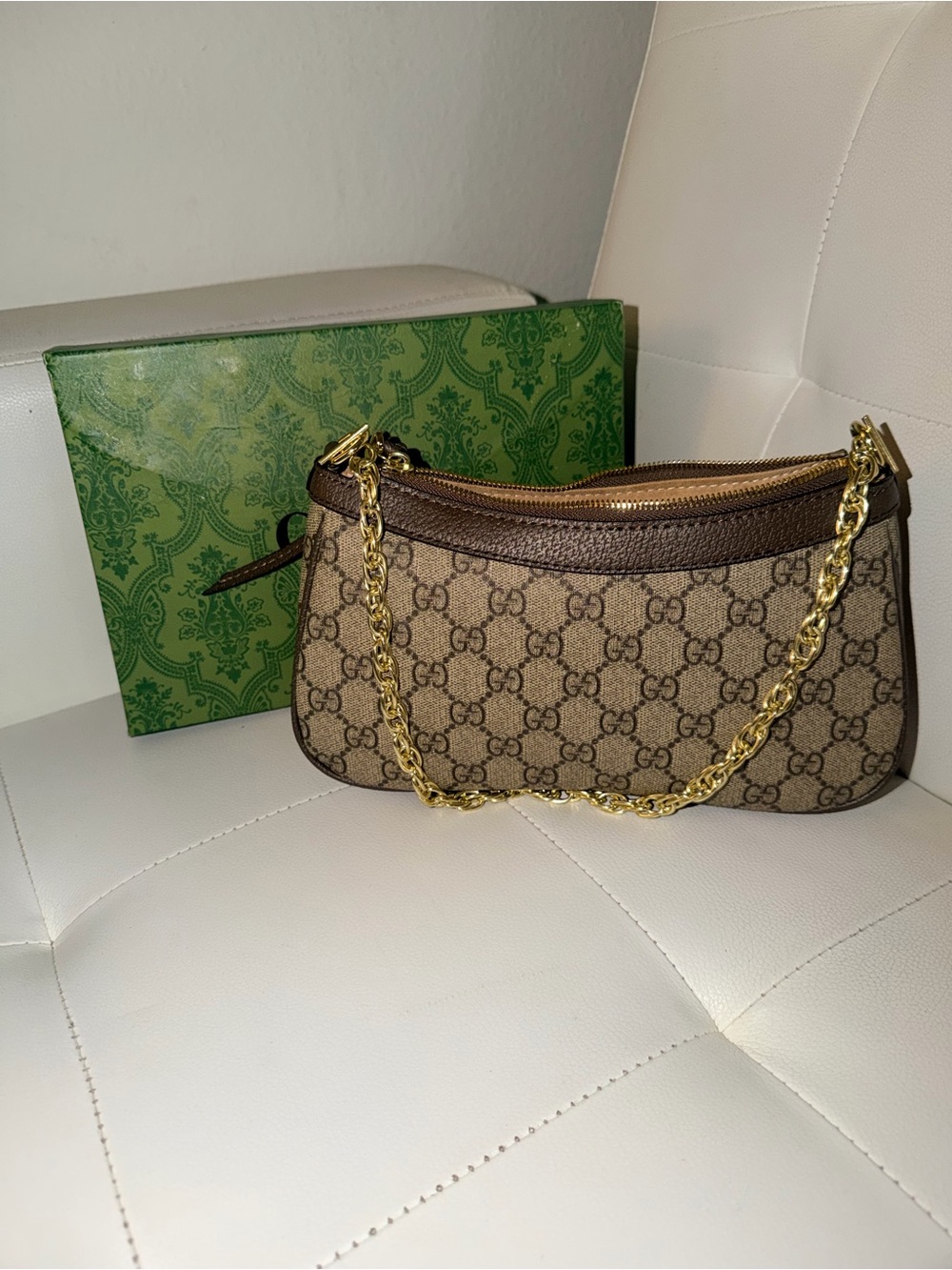 Gucci Beige GG Canvas Mini Shoulder Bag with Brown Trim and Red-Green Web Strap - Picture 7 of 8